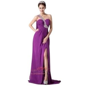 Prom Formal Dress Purple One Shoulder Long Embellished Beaded Cocktail Size S